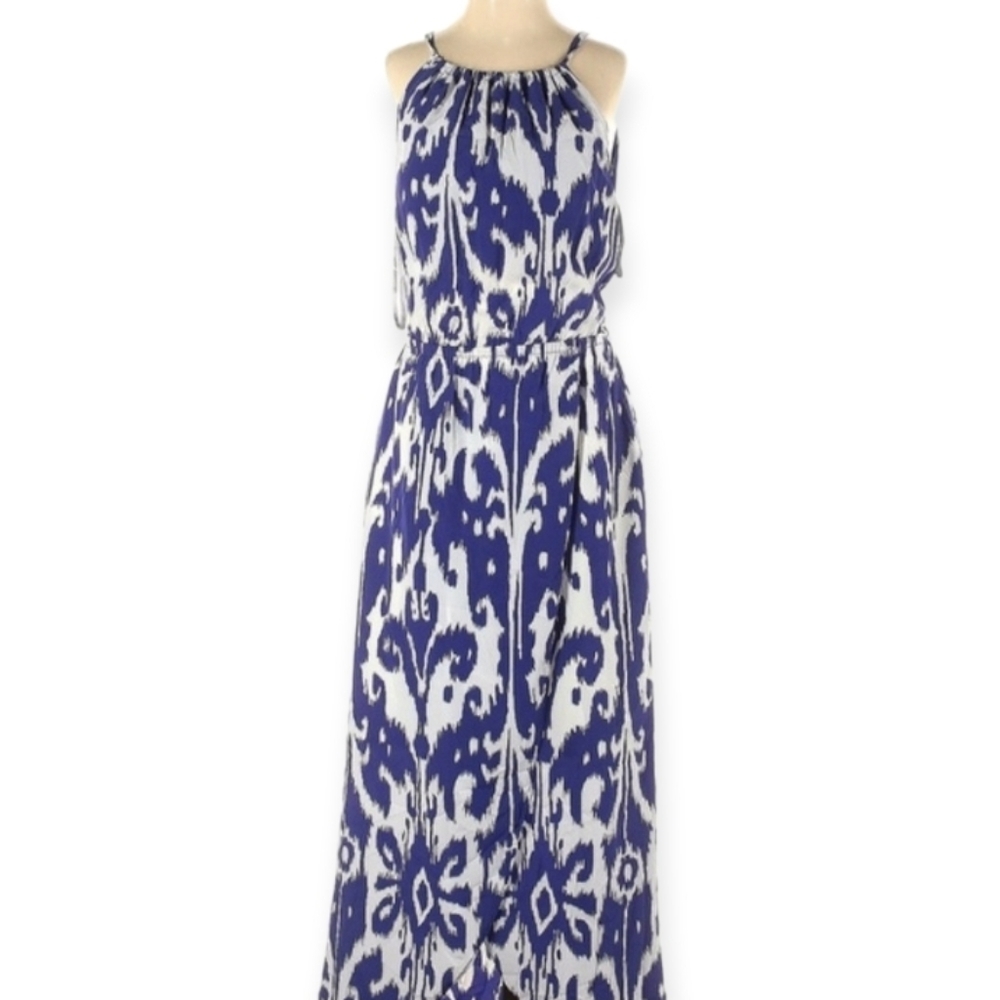 Athleta Ikat Bloom Ripple Faux Wrap  Maxi Sun Dress Back Tassel